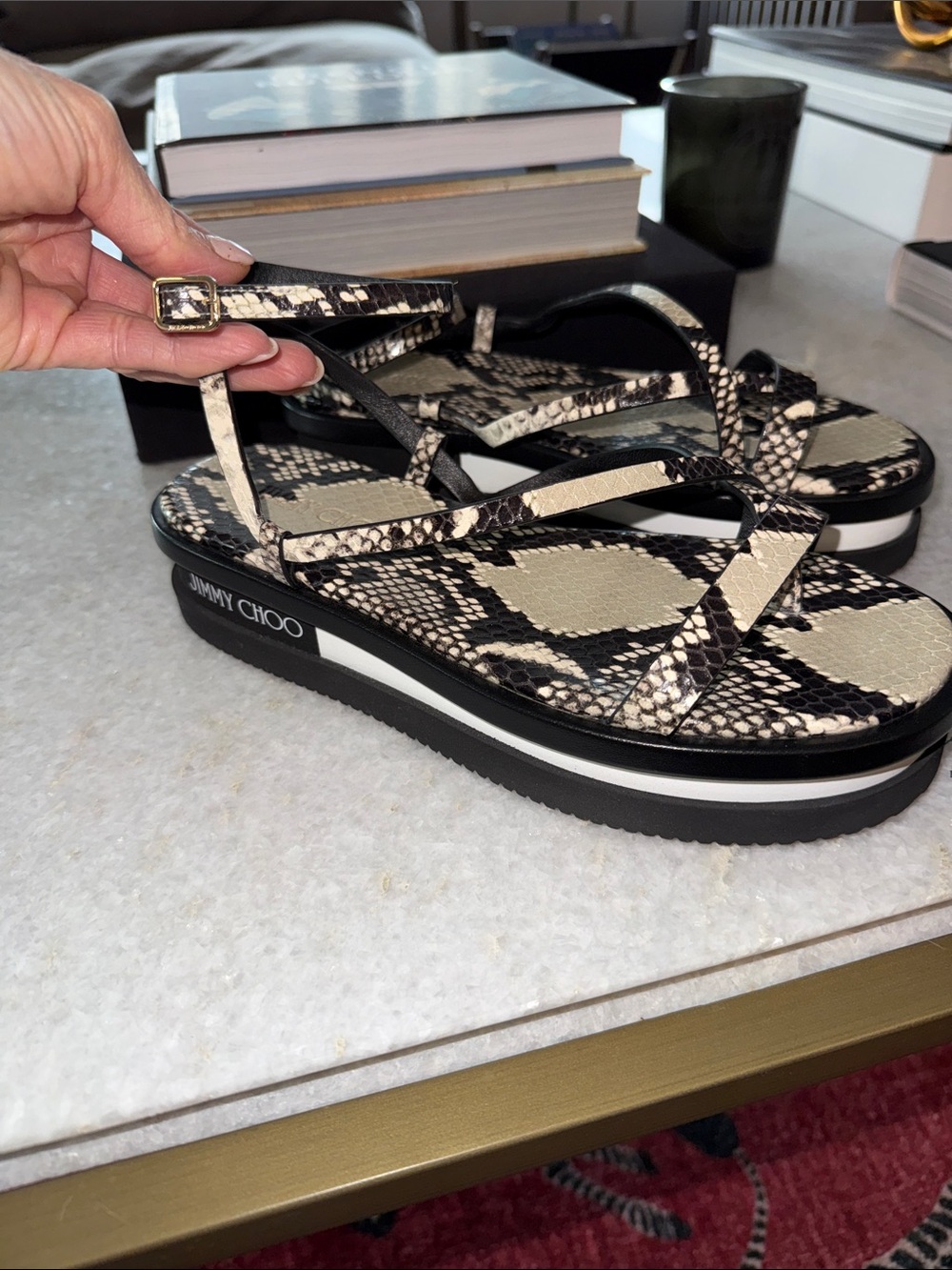 LIKE NEW Jimmy Choo Black & Cream Snake-Print Platform Sandals